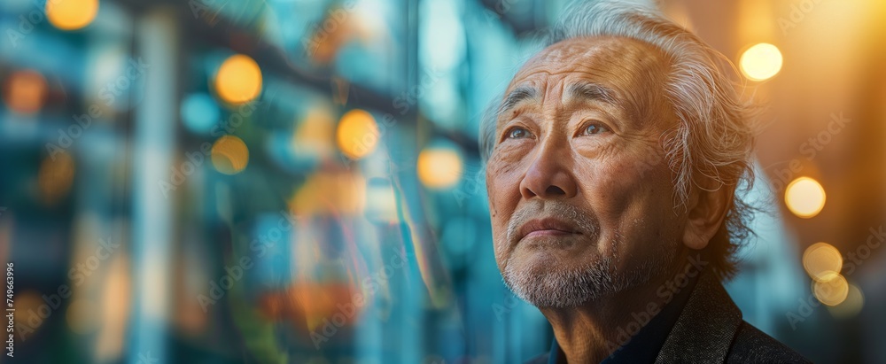 Senior Asian American man with a contemplative gaze, double exposure with urban greenery, reflecting a blend of wisdom and environmental harmony.