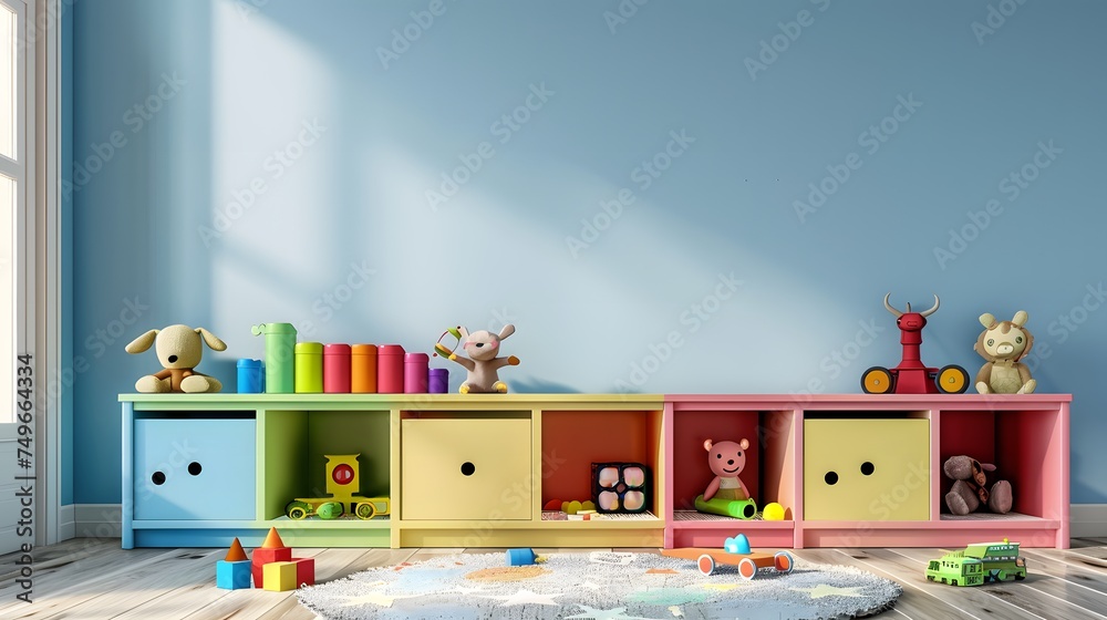little children boys or girls bedroom furniture interior design with toys and colorful cabinets, empty blank wall with copy space as wide banner mockup for daycare and kindergarten