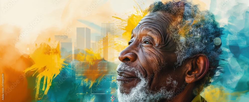 Elderly African American man with thoughtful eyes, double exposure with vibrant green leaves, exuding resilience and depth.