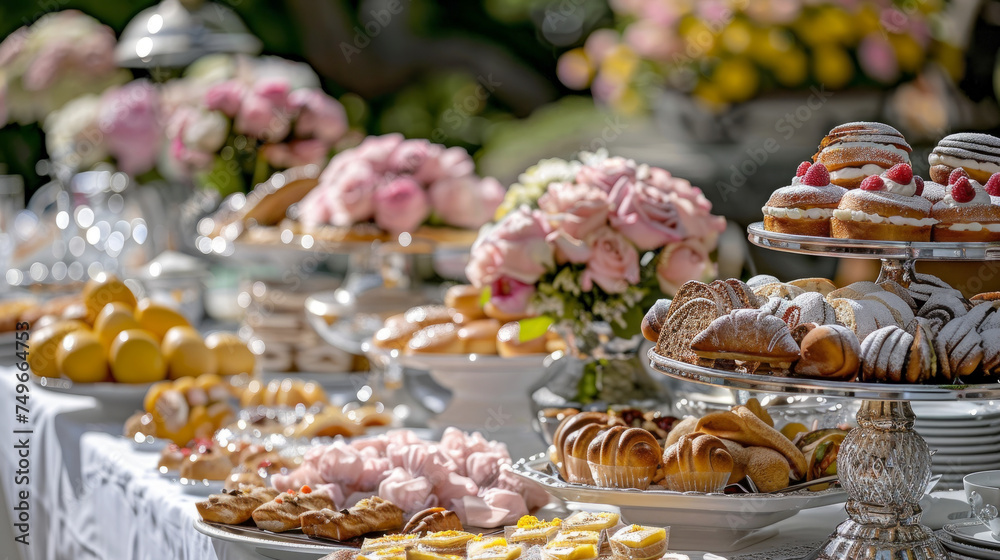 Garden party buffet with assortment of pastries, snacks, baked goods and flower decoration