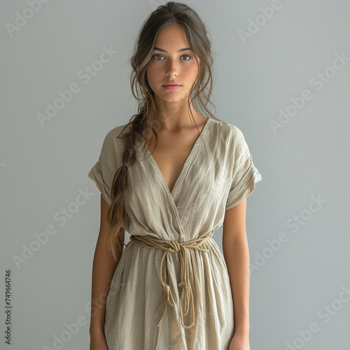 full body photo of an Italian female model wearing a beige linen summer dress
