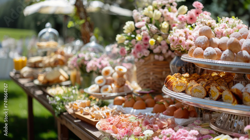 Outdoor wedding brunch buffet with selection of pastries  fresh fruits and cold meats  blooming flowers in background