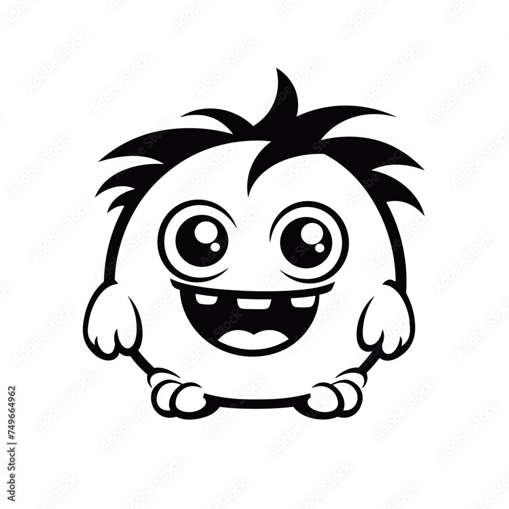 cute monster fluffy cartoon black and white vector illustration isolated transparent background logo, cut out or cutout t-shirt print design, poster, baby products, packaging design