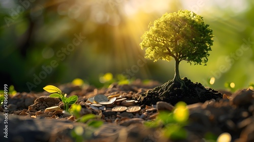 tree growing of accumulating wealth coin money investment overtime and building retirement or capital assets portfolio , success in business and startups or income of trading and dividend stock market