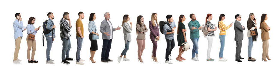 People waiting in queue on white background