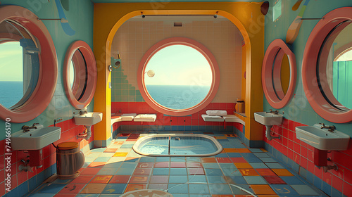 Colorful Cruise Ship Bathroom with Ocean View  photo