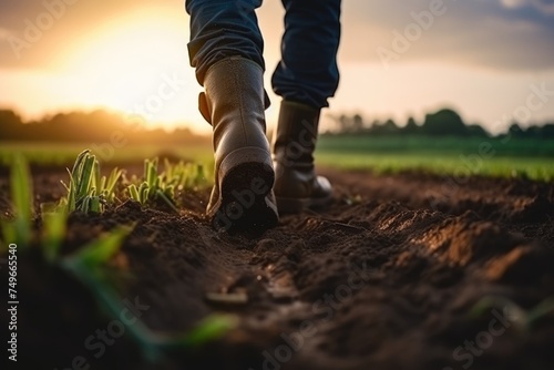 The sun sets on a farmer's journey, with a focus on the sturdy boots treading the tilled soil. Journey Through the Fields: Farmer's Sunset Walk