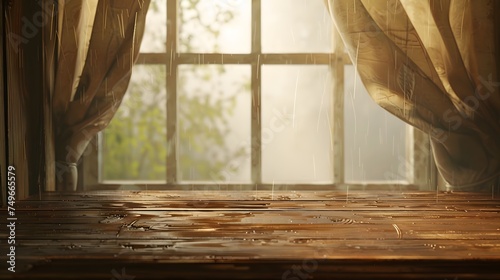 wooden table with window light background © irawan