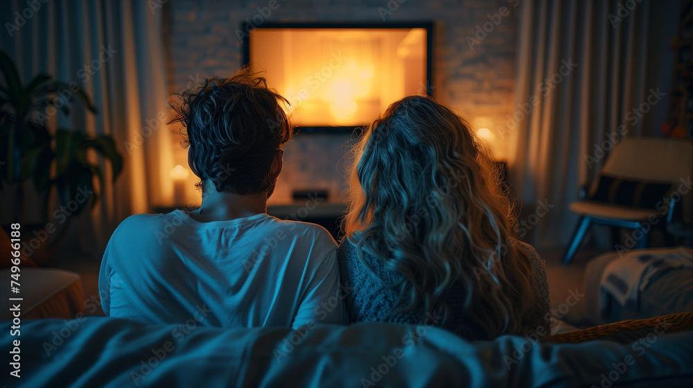 Couple Watching Film In Living Room, man and woman streaming TV show or movie on TV device