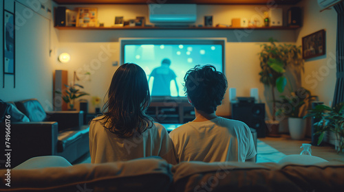 back view of a Couple Watching Film In Living Room, man and woman streaming tv show or movie on tv device