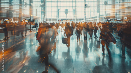 traveling concept. Crowded modern airport terminal with travelers rushing to their gates. As business people, tourists, and families navigate through the terminal, images double exposure, blurred