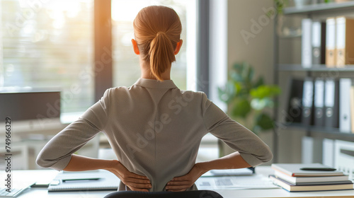 Back Pain Bad Posture Woman Sitting In Office, Young businesswoman having back pain while sitting at office desk, office syndrome