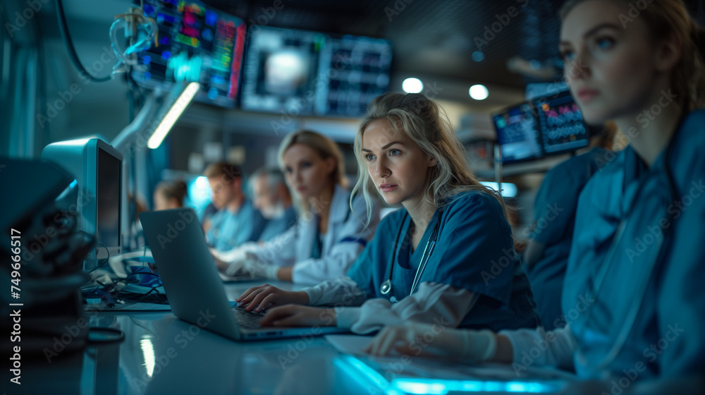 nurse on a laptop in night healthcare, planning research or surgery teamwork in a wellness hospital. Talking, thinking, or medical women on technology for collaboration help or life insurance app
