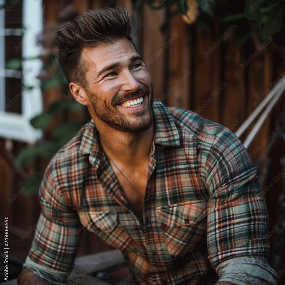 good looking, happy, smiling, dark short hand clean shave, muscular, strong, square jaw, button up plaid collared shirt good looking, happy, smiling, dark short hand clean shave, muscular, strong, square jaw, button up plaid collared shirt