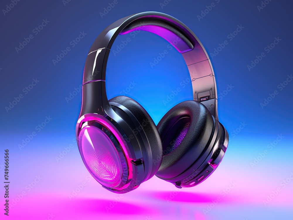 Modern headphones on a blue background. 3D rendering. Neon light. Modern headphones on a blue background. 3D rendering. Neon light.