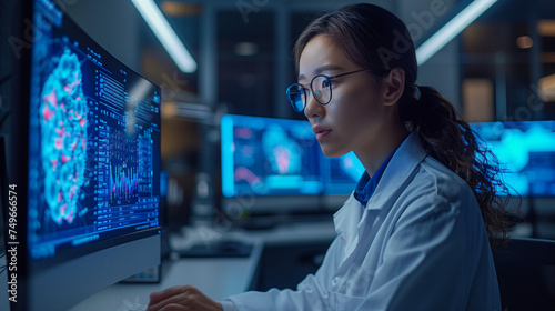 Advanced Medical Science Laboratory: Asian Medical Scientist Working on Computer with Screen Showing Virus Analysis Software User Interface. Scientists Developing Vaccine, Drugs and Antibiotics