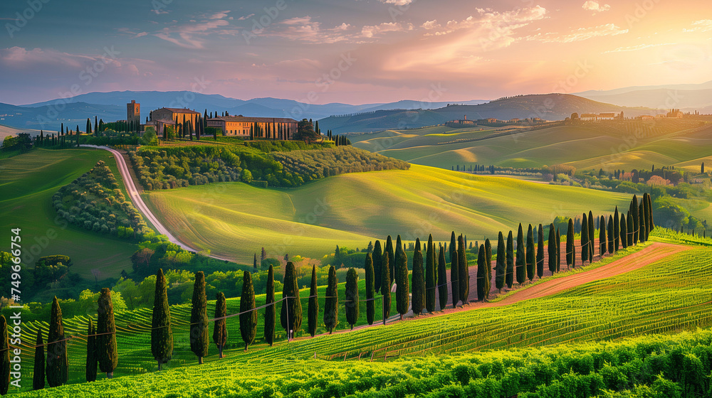 Toscane landscape Italy at sunset, Farm house on a hill in Tuscany landscape