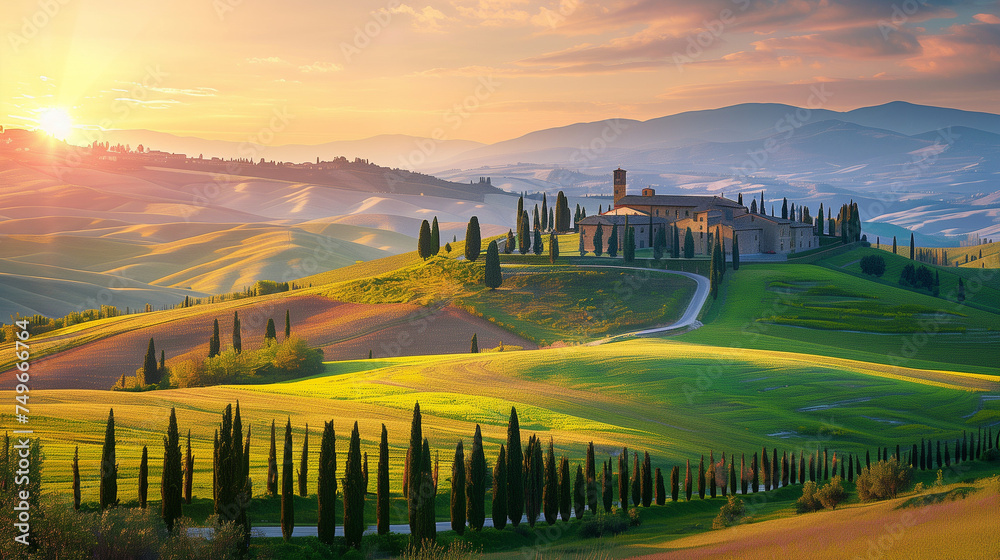 Naklejka premium Toscane landscape Italy at sunset, Beautiful Italian Landscape Early In The Morning In Sunbeams. Tuscany Italy