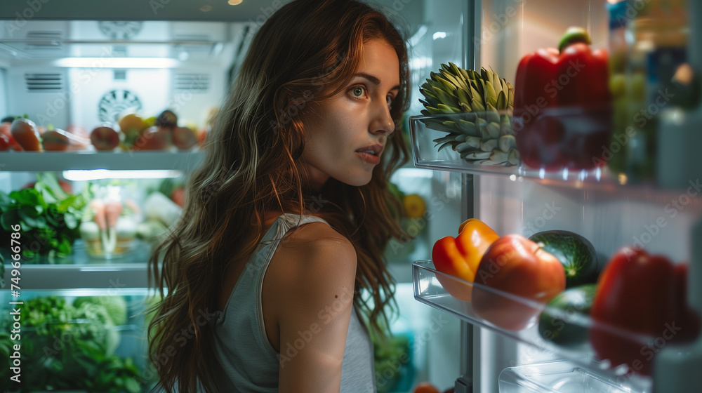 : a hungry girl opens the fridge, a Close-up Of a Young Woman Searching For Food In The Fridge at night
