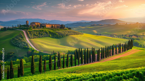 Toscane landscape Italy at sunset  Farm house on a hill in Tuscany landscape
