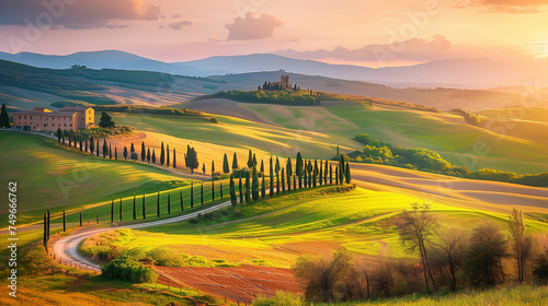Well known Tuscany landscape with grain fields, cypress trees and houses on the hills at sunset. Summer rural landscape with curved road in Tuscany, Italy, Europe