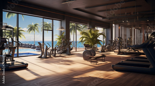 A gym interior with a beachfront location  utilizing open-air spaces and beachfront equipment.
