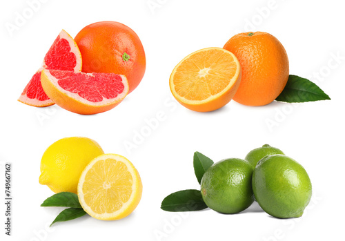 Different fresh citrus fruits isolated on white, set