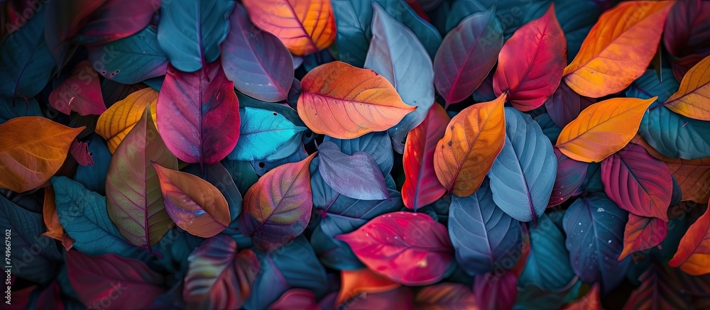 A bunch of vibrant leaves from various trees lie scattered on the ground, creating a mosaic of colors in natures autumn display.