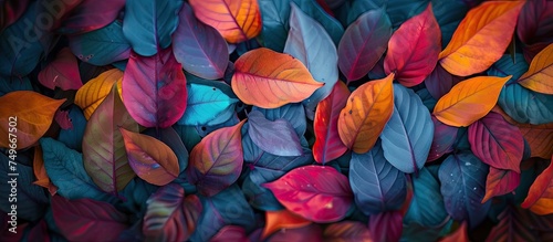 A bunch of vibrant leaves from various trees lie scattered on the ground  creating a mosaic of colors in natures autumn display.