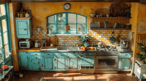 Vintage Style Kitchen Interior with Blue Cabinets and Yellow Walls