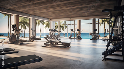 A gym interior with a beachfront location, utilizing open-air spaces and beachfront equipment. © Muhammad