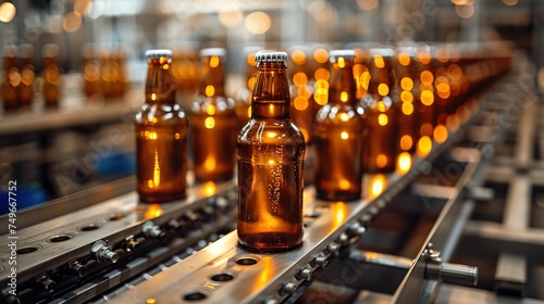 Banner Beer brewery conveyor. Brown glass alcohol bottles move on production line  modern equipment industrial drink with copy space