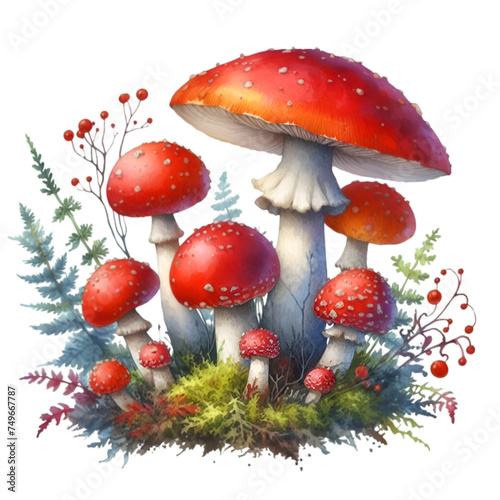 Bright red fly agaric mushroom with white spots stands alone in a green forest clearing