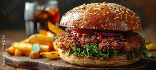 Fresh Big breaded chicken burger with double cutlet, fries and cola on yellow background.