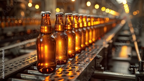 Banner Beer brewery conveyor. Brown glass alcohol bottles move on production line  modern equipment industrial drink with copy space