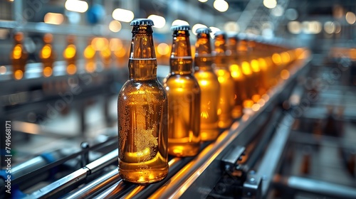 Banner Beer brewery conveyor. Brown glass alcohol bottles move on production line, modern equipment industrial drink with copy space