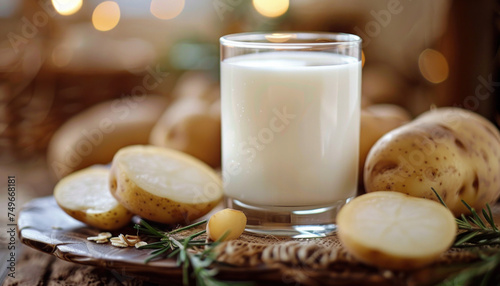 Lifestyle photo of potato milk, vegan potato milk in a glass and potatoes on a brown kitchen background, plant based milk, vegan food