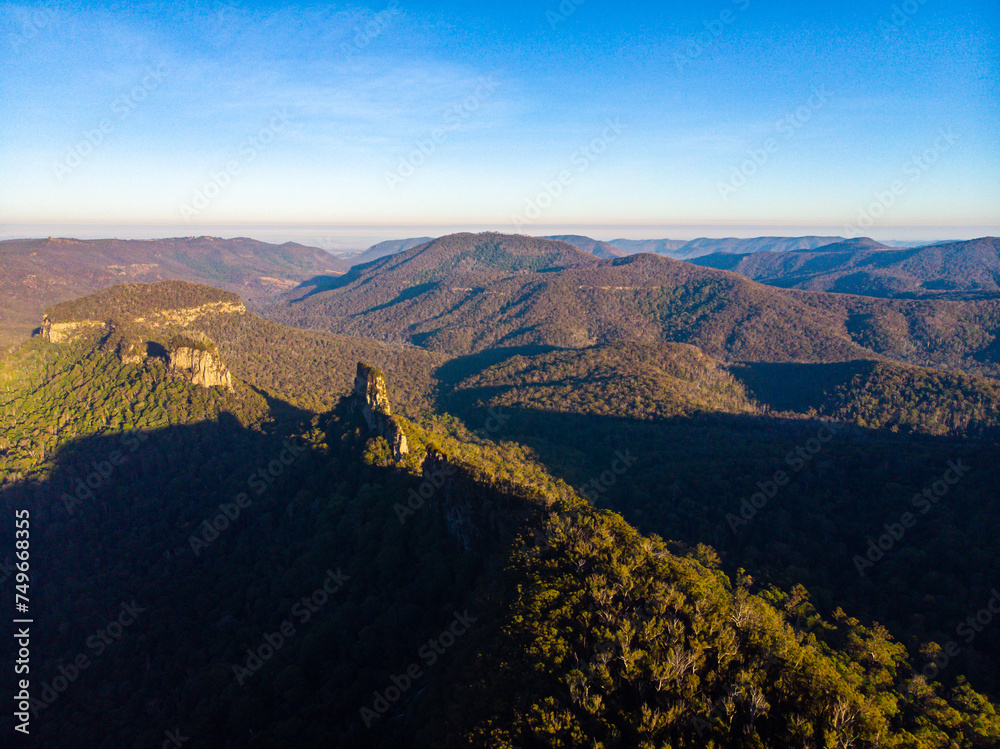 aerial panorama of mountains in main range national park, queensland, australia; famous rocky mountains - the steamers near mount superbus