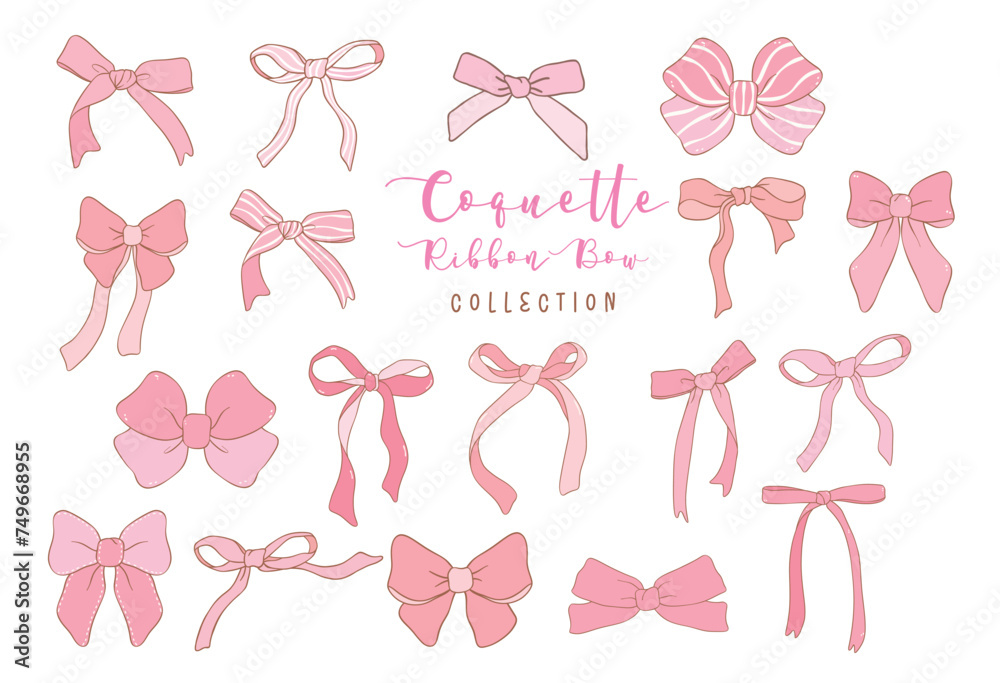 Coquette Pink Ribbon Bow Doodle Drawing, Retro vintage bow collection. - obrazy, fototapety, plakaty 