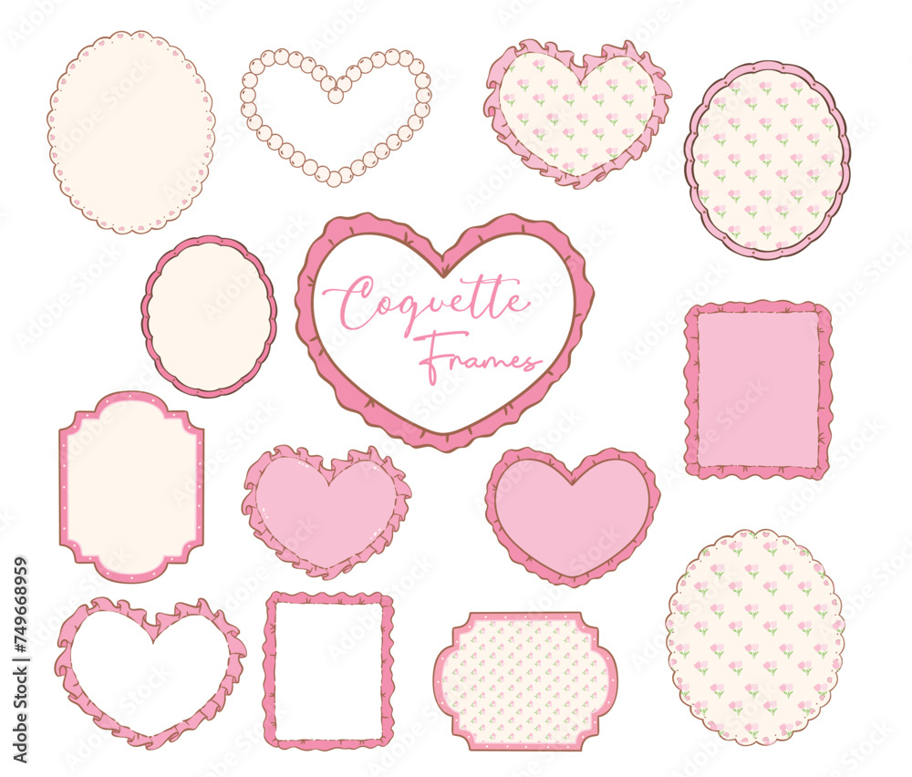 Coquette Pink Frame Doodle Drawing: Retro Heart Shape, Oval, Rectangular Frames set Coquette Pink Frame Doodle Drawing: Retro Heart Shape, Oval, Rectangular Frames set