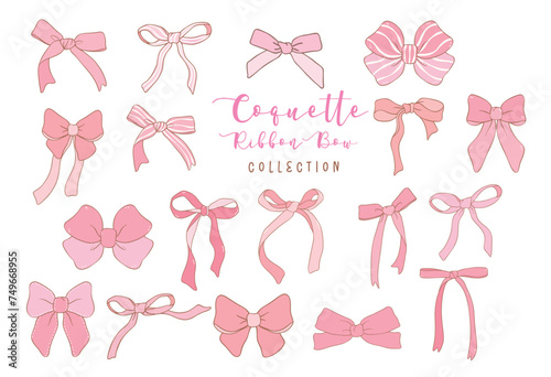 Coquette Pink Ribbon Bow Doodle Drawing, Retro vintage bow collection. photo