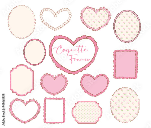 Coquette Pink Frame Doodle Drawing: Retro Heart Shape, Oval, Rectangular Frames set