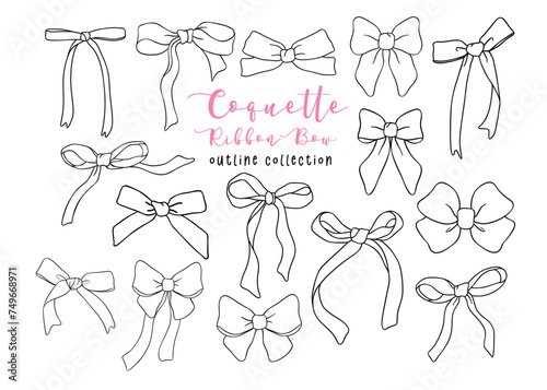 Coquette Pink Ribbon Bow outline Doodle Drawing, Retro vintage bow collection.