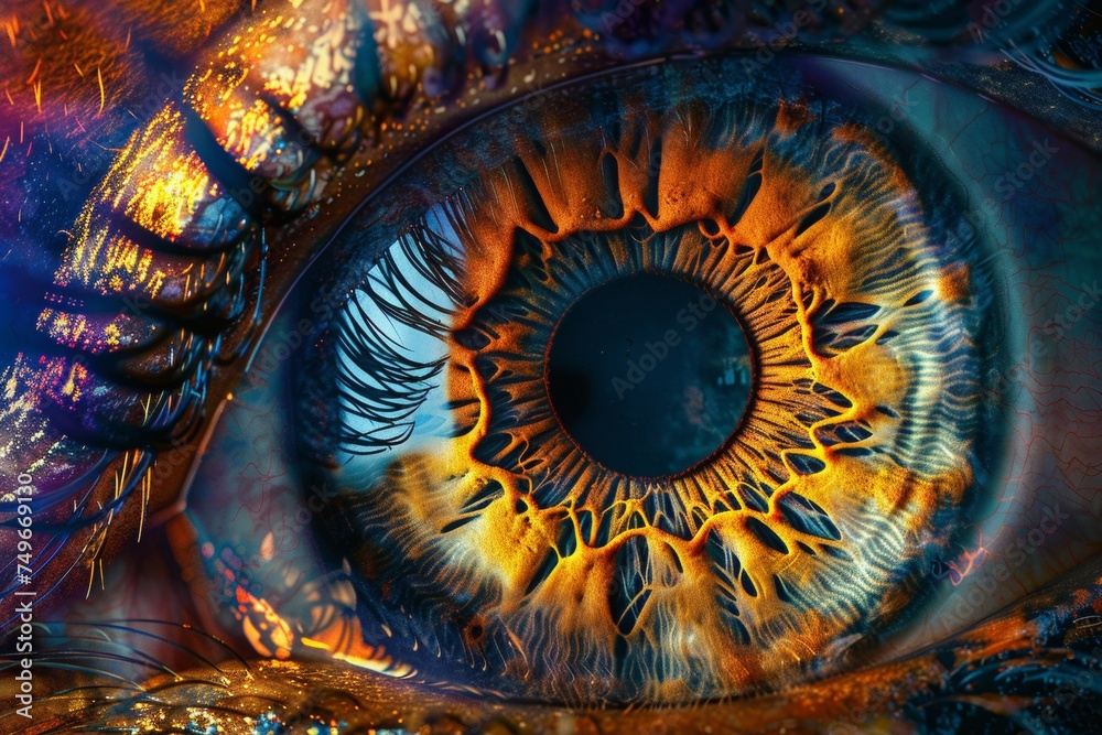 Macro shot of a eye with a fiery iris, showcasing intense detail.

