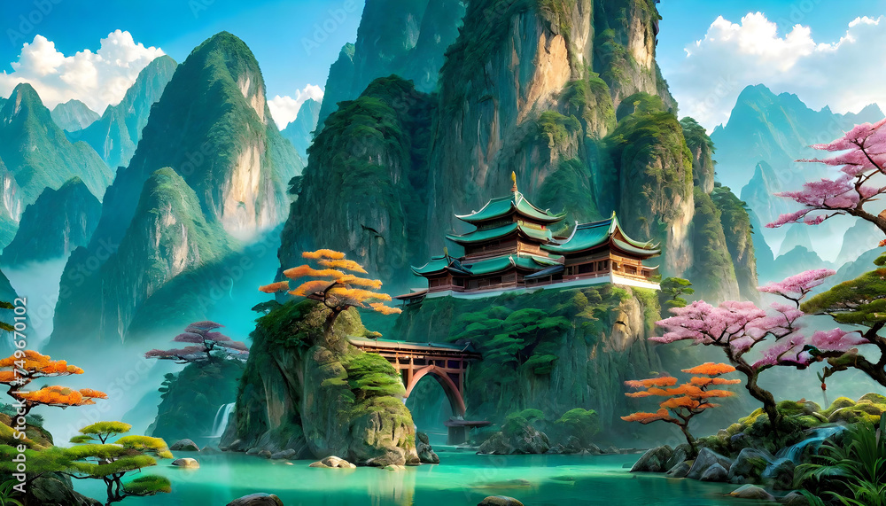 Eastern Fantasy Landscape, Fictional, Dreamlike, Imaginary, Magical, Enchanted, Unreal, Mythical, Surreal, Wonderland, Fairy Tale, Epic, Whimsical, AI Generated.