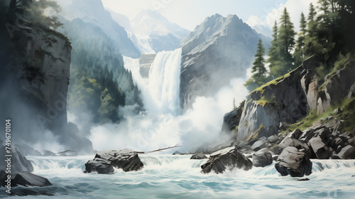 Among the rugged rocky gorge, powerful water rapids surge forward, creating a tumultuous scene as mist billows amidst the sheer cliff walls. Watercolor painting illustration.