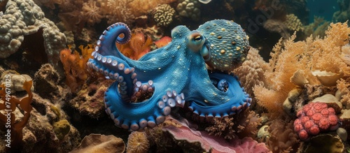A blue octopus, scientifically known as Octopus cyanea, is seen sitting atop a vibrant coral in the Red Sea Reef. The octopus is displaying its unique coloring and tentacles against the backdrop of