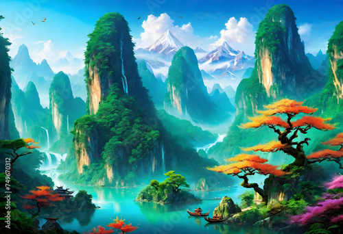 Eastern Fantasy Landscape  Fictional  Dreamlike  Imaginary  Magical  Enchanted  Unreal  Mythical  Surreal  Wonderland  Fairy Tale  Epic  Whimsical  AI Generated.