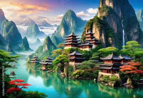 Eastern Fantasy Landscape, Fictional, Dreamlike, Imaginary, Magical, Enchanted, Unreal, Mythical, Surreal, Wonderland, Fairy Tale, Epic, Whimsical, AI Generated.
