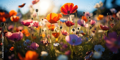 Vibrant Field of Colorful Wildflowers Under the Setting Sun Generative AI